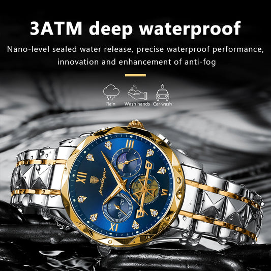 POEDAGAR montre-bracelet homme de luxe, étanche, chronographe lumineux, montres à Quartz pour hommes en acier inoxydable.