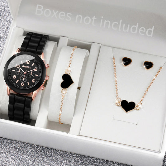 4 pièces/ensemble montre Genève mode. Bracelet en silicone, montres, cœur, ensemble de bijoux (sans boîte).
