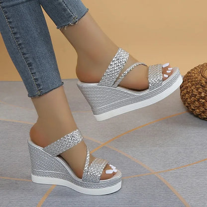 Nouvelles diapositives femmes, sandales compensées d'été, mode perle strass plate-forme, décontracté, talons hauts.