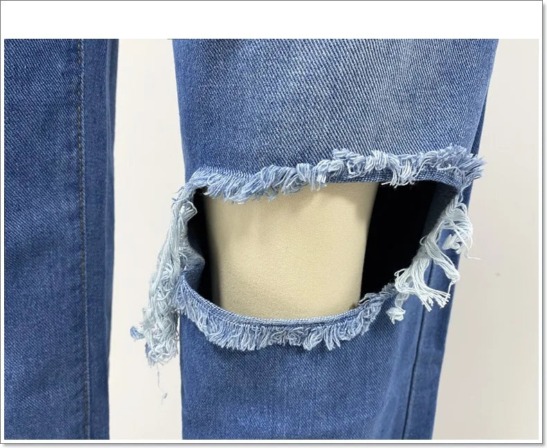 Model 2024- Jean à jambes larges pour femmes, pantalon en Denim, taille haute, fermeture éclair, trous de lavage, poches, longueur cheville