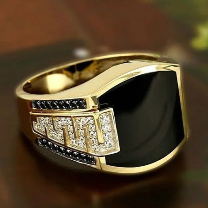 Bague classique pour hommes, anneau en métal couleur or incrusté de pierre noire, Zircon, bijoux de luxe.