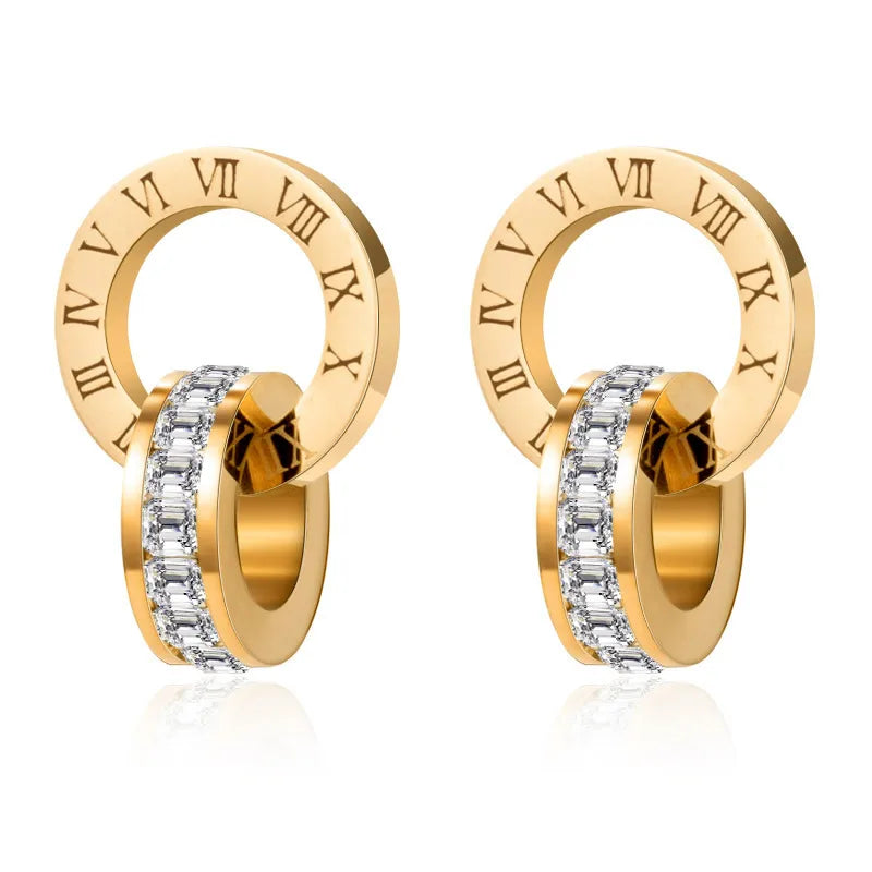 Boucles d'oreilles en acier inoxydable collier classique avec chiffres romains, cristal, luxe, élégant.