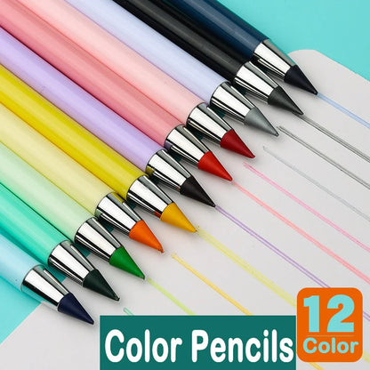 Crayons infinis 12 couleurs, sans affûtage, crayons éternels, sans encre, stylos illimités Kawaii.