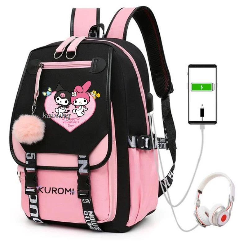 Mignon Kuromi sac à dos lycéens, sacs d'école fille, USB charge grande capacité quotidien.