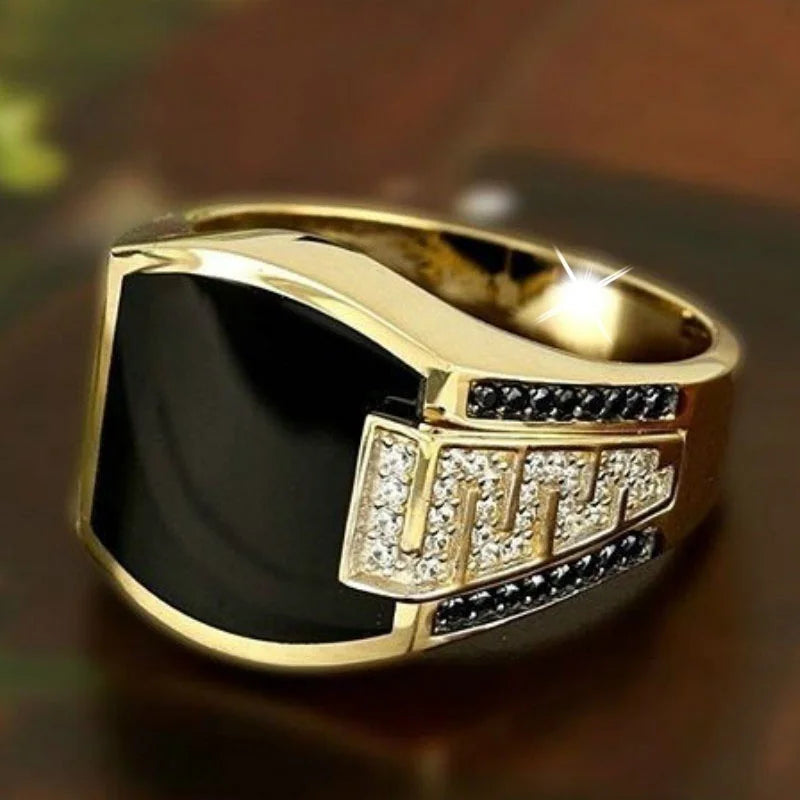 Bague classique pour hommes, anneau en métal couleur or incrusté de pierre noire, Zircon, bijoux de luxe.