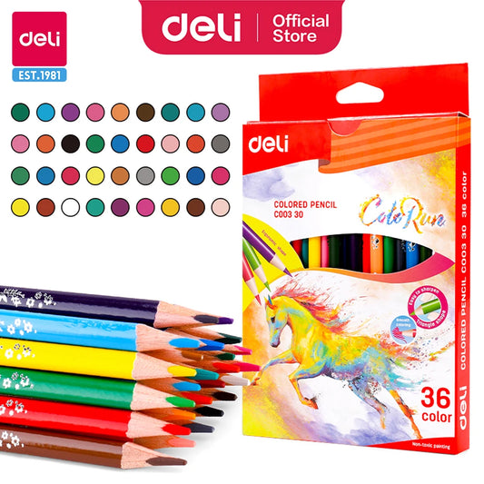 Deli – crayons de couleur en bois, 12/18/24/36 couleurs, pour peinture artistique.