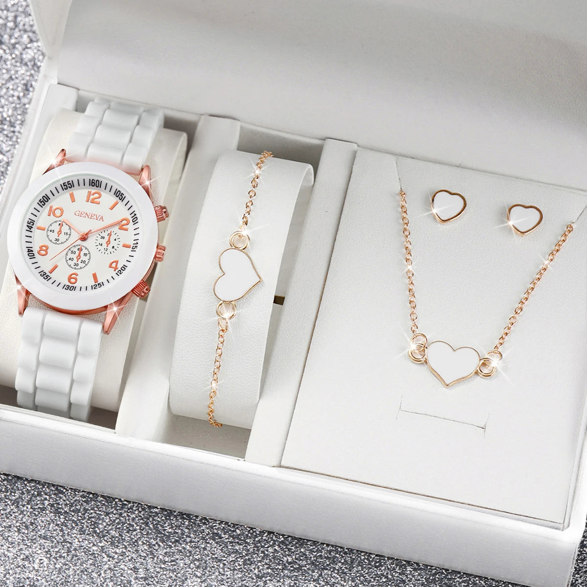 4 pièces/ensemble montre Genève mode. Bracelet en silicone, montres, cœur, ensemble de bijoux (sans boîte).