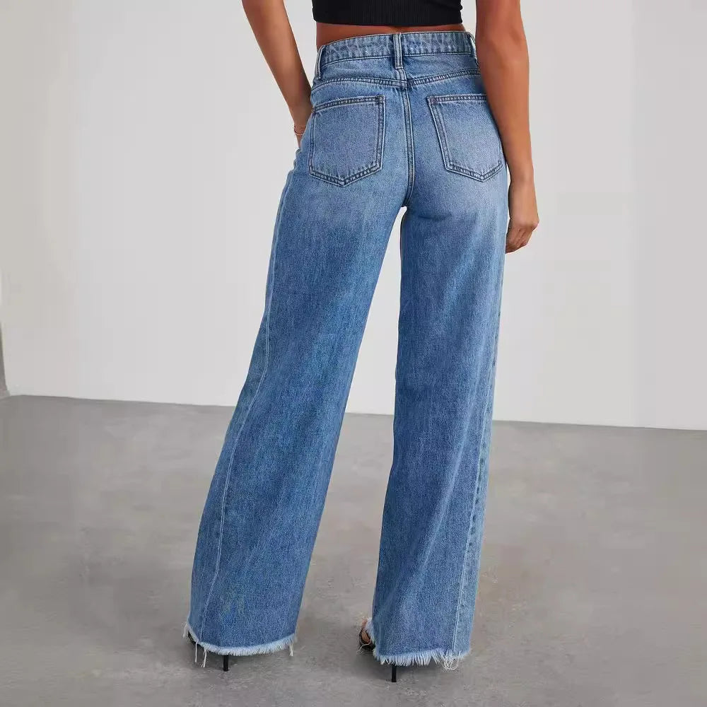 Jean ample à jambes larges pour femmes, pantalon en Denim, minimaliste, couleur unie, coupe cintrée, décontracté, livraison directe, 2024