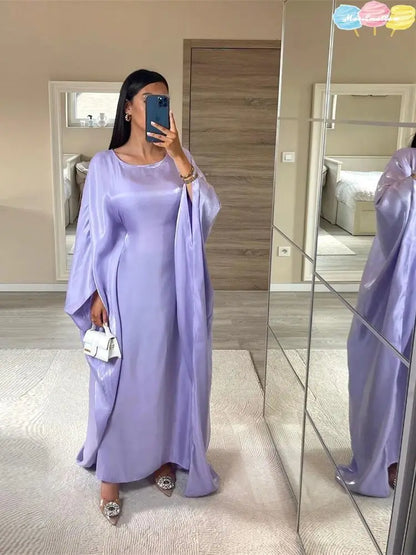 Ramadan Eid Été Satin Batwing Abaya Dubaï Femmes Islam Musulman Maxi Kaftan Robes Kebaya Caftan Marocain Robe Femme Musulmane