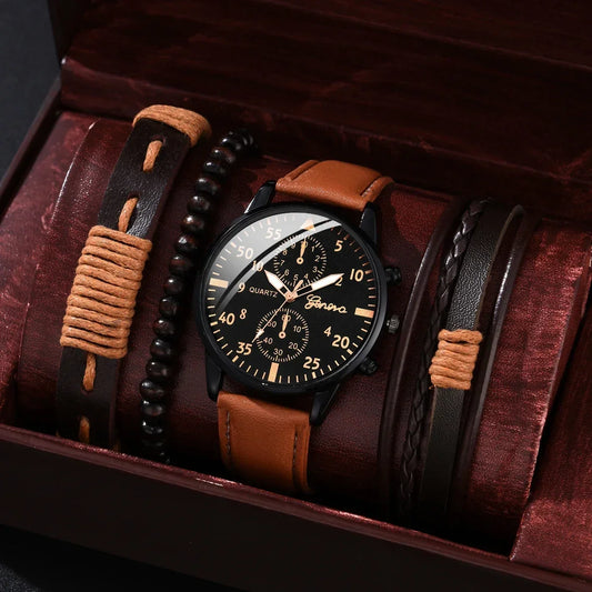 4/2/1 pièces hommes montres de sport ensemble Quartz montre-Bracelet de luxe en cuir marron (sans boîte)
